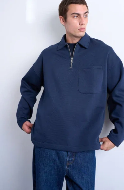 Topman Oversize Long Sleeve Quarter Zip Polo In Blue