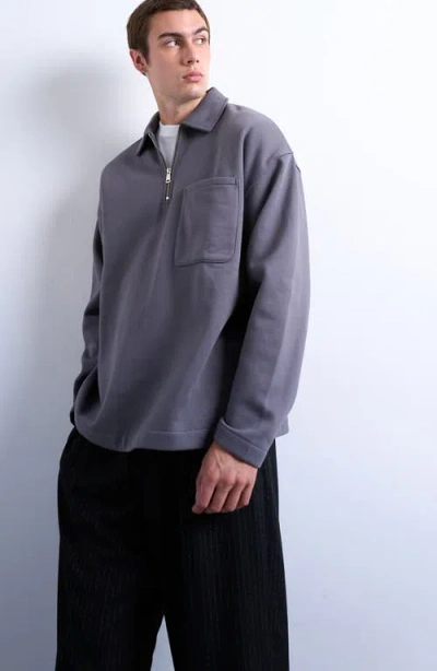 Topman Oversize Long Sleeve Quarter Zip Polo In Blue
