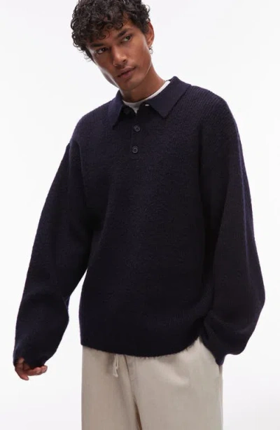Topman Oversize Long Sleeve Sweater Polo In Blue