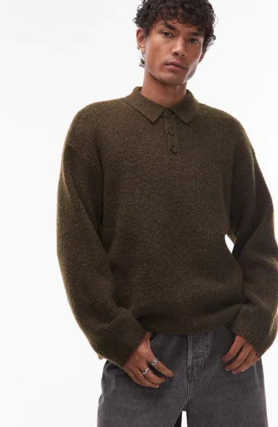 Topman Oversize Long Sleeve Sweater Polo In Brown