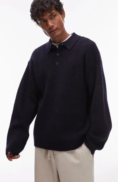 Topman Oversize Long Sleeve Sweater Polo In Blue