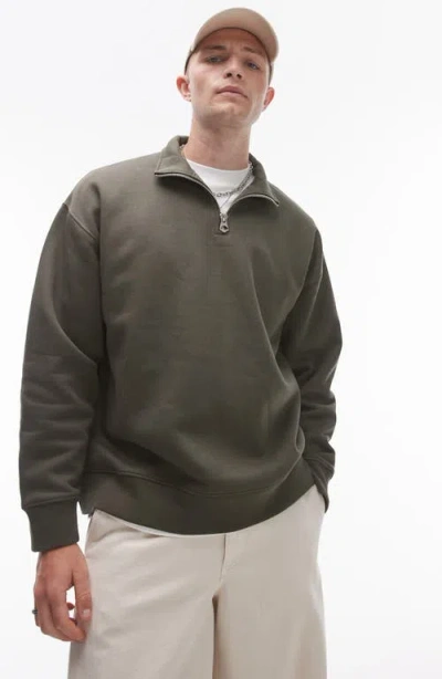 Topman Oversize Quarter Zip Sweatshirt In Khaki