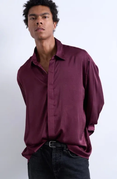 Topman Oversize Sateen Button-up Shirt In Burgundy