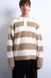 Topman Oversize Stripe Bouclé Polo Sweater In Brown