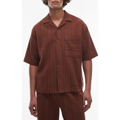 Topman Oversize Stripe Textured Cotton Blend Knit Camp Shirt In Brown