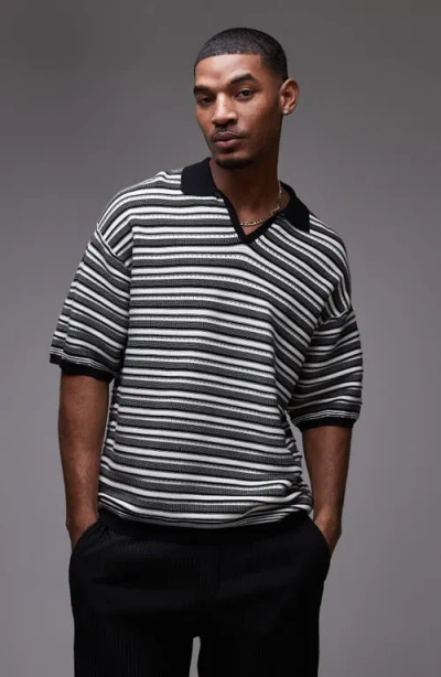 Topman Oversize Textured Stripe Johnny Collar Polo In Multi