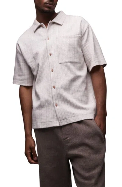 Topman Oversize Textured Stripe Short Sleeve Knit Cotton Button-up Shirt In Gray