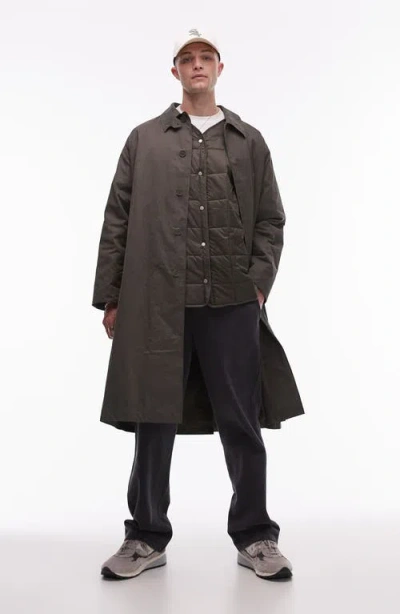 Topman Oversize Trench Coat With Removable Quilted Vest In Khaki