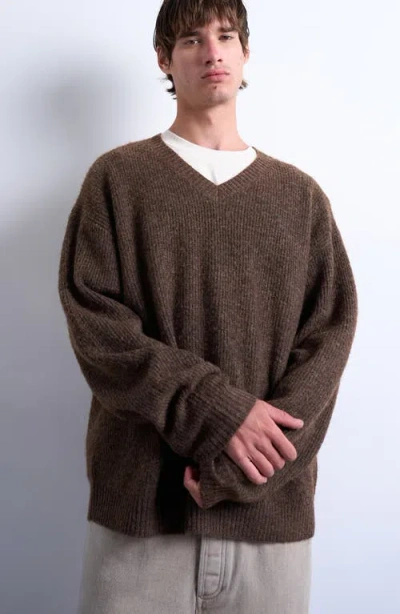 Topman Oversize V-neck Rib Sweater In Brown