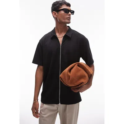 Topman Oversized Fit Zip Up Jersey Polo In Black