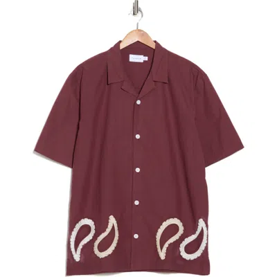 Topman Paisley Contrast Panel Revere Collar Button-up Shirt In Burgundy