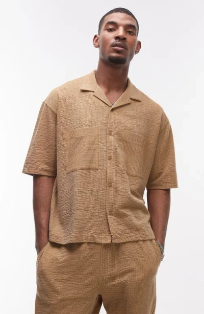 Topman Pinstripe Knit Cotton Blend Camp Shirt In Brown