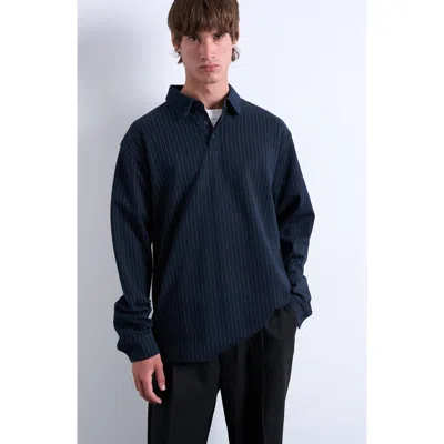 Topman Pinstripe Long Sleeve Polo In Blue