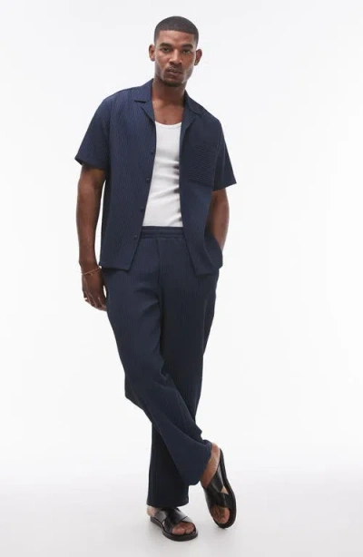 Topman Plissé Pull-on Wide Leg Trousers In Navy