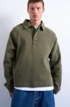 Topman Raglan Sleeve Boxy Cotton Blend Polo Sweatshirt In Green
