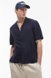 Topman Regular Fit Linen & Viscose Camp Shirt In Blue