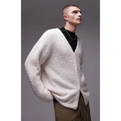 Topman Relaxed Fit Bouclé Cardigan In Pale Beige