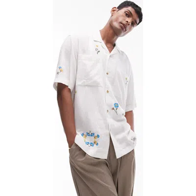 Topman Relaxed Fit Floral Embroidered Camp Shirt In Ivory
