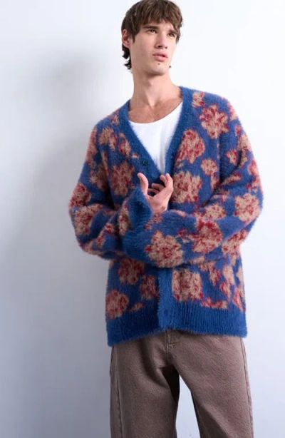 Topman Relaxed Fit Floral Jacquard Cardigan In Blue