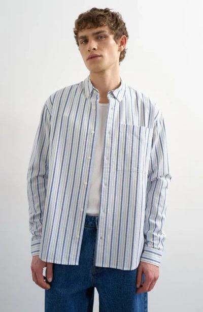 Topman Relaxed Fit Stripe Cotton Button-down Oxford Shirt In Blue
