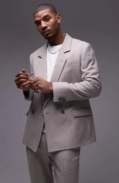 Topman Relaxed Fit Textured Double Breasted Blazer In Stone Grey