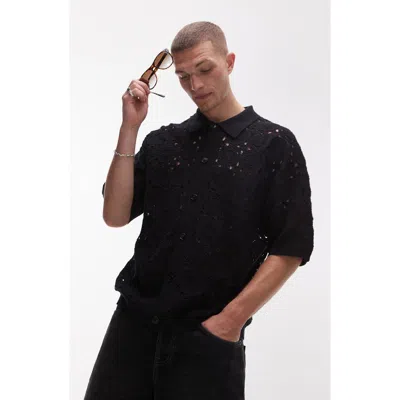Topman Relaxed Openwork Floral Short Sleeve Button-up Shirt In Black