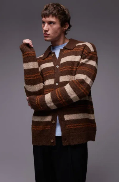 Topman Relaxed Polo Cardigan In Brushed Brown Stripe