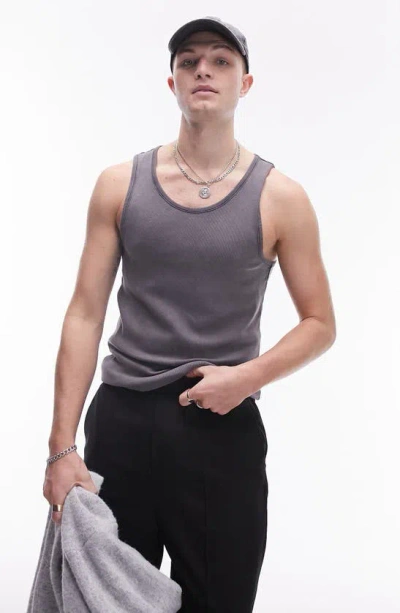 Topman Ribbed Cotton Tank In Faded Black