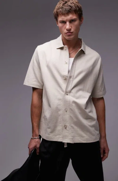 Topman Short Sleeve Cotton Jersey Button-up Shirt In Stone