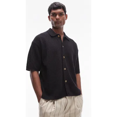 Topman Short Sleeve Knit Button-up Shirt In Black