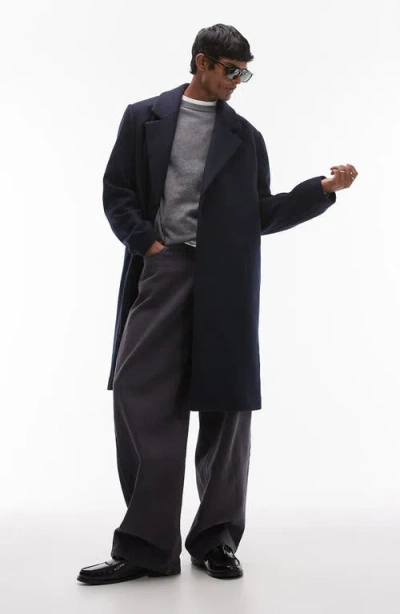 Topman Single Breasted Overcoat In Navy