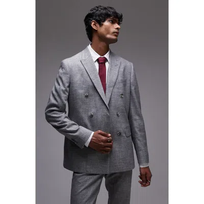Topman Skinny Fit Textured Cotton Double Breasted Suit Jacket In Grey