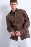 Topman Stripe Oversize Oxford Button-up Shirt In Brown