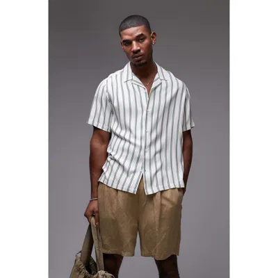 Topman Stripe Short Sleeve Camp Shirt In Mid Green