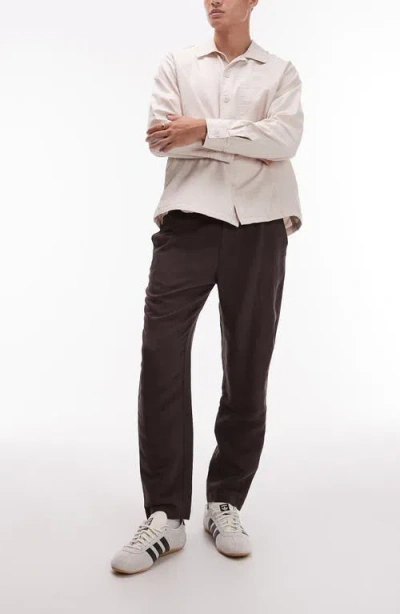 Topman Tapered Linen Blend Trousers In Brown