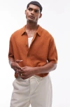 Topman Knitted Textured Button Through Shirt In Rust-brown In Brown