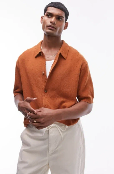 Topman Knitted Textured Button Through Shirt In Rust-brown In Orange