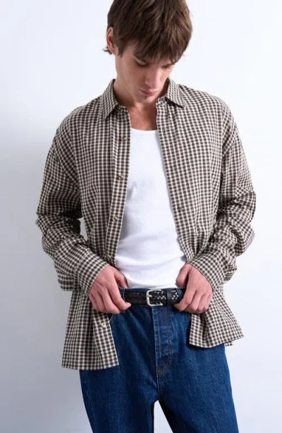 Topman Textured Gingham Check Long Sleeve Button-up Shirt In Brown