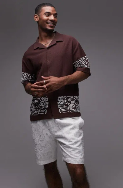 Topman Textured Knit Cotton Camp Shirt In Brown
