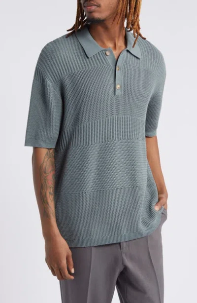 Topman Textured Panel Cotton Polo Sweater In Light Green