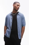 Topman Nibbled Knit Button Up Polo In Blue In Light Blue