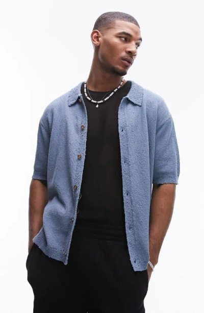Topman Nibbled Knit Button Up Polo In Blue
