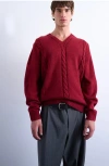 Topman Relaxed Fit V Neck Cable Sweater In Red
