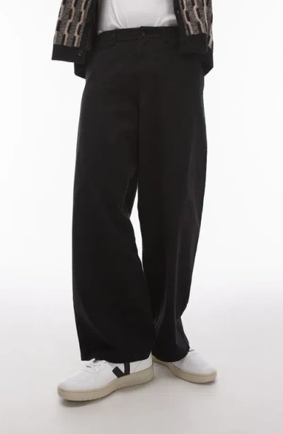 Topman Wide Leg Twill Trousers In Black