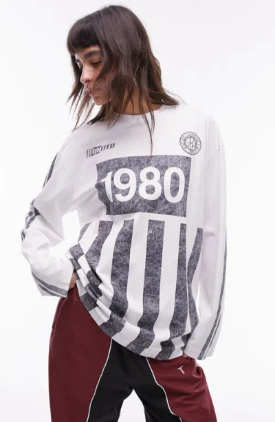 Topshop Graphic Long Sleeve 1980 Sporty Skater Tee In White