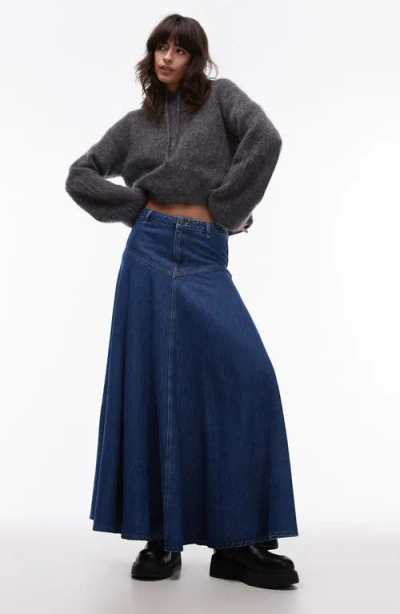 Topshop A-line Denim Maxi Skirt In Medium Blue