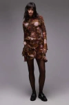 Topshop Abstract Floral Ruffle Long Sleeve Chiffon Minidress In Multi
