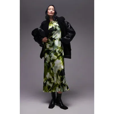 Topshop Abstract Print Cutout Detail Long Sleeve Satin Midi Dress In Mid Green