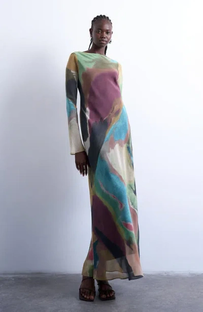 Topshop Abstract Print Long Sleeve Chiffon Maxi Dress In Multi