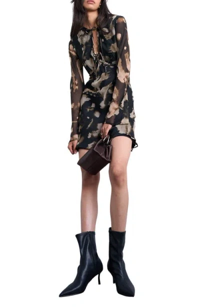 Topshop Abstract Print Long Sleeve Chiffon Minidress In Black